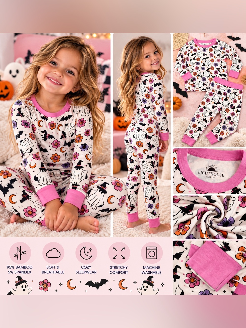 Lighthouse Kids Co Bamboo Pajama Set Halloween Ghost Bat Floral NWT